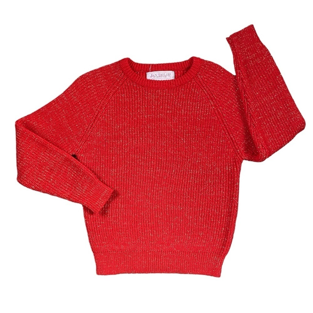 Vintage 90s Jan Taylor Red And Silver Metallic Thread Knit Sweater